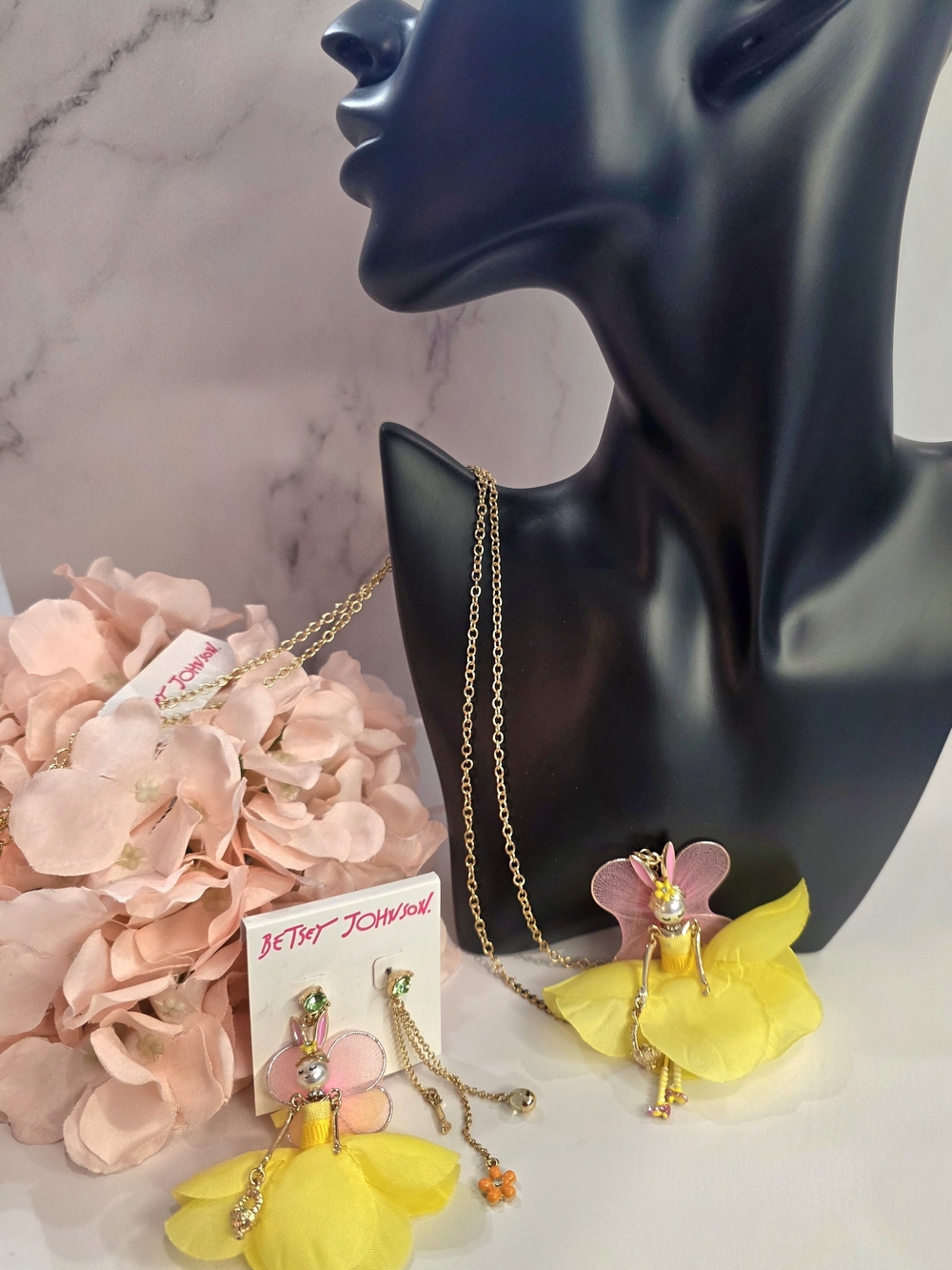 Betsey Johnson - Yellow & Pink Flower Doll Necklace and Earrings Set